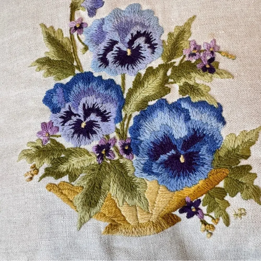 Vintage Blue Floral Embroidered Throw Pillow 13.5 Square Boho Accent